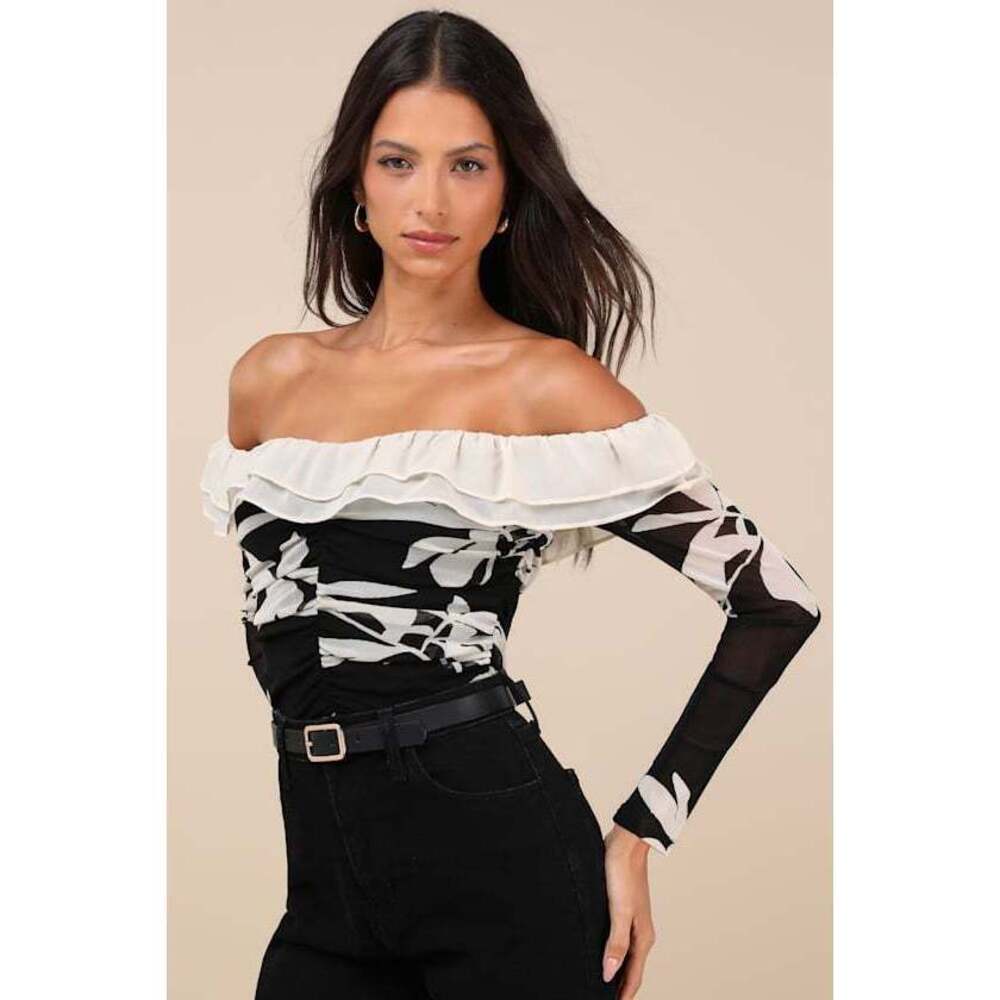 Lulus Extraordinary Flirt Black Floral Mesh Ruffled Crop Top - Size M